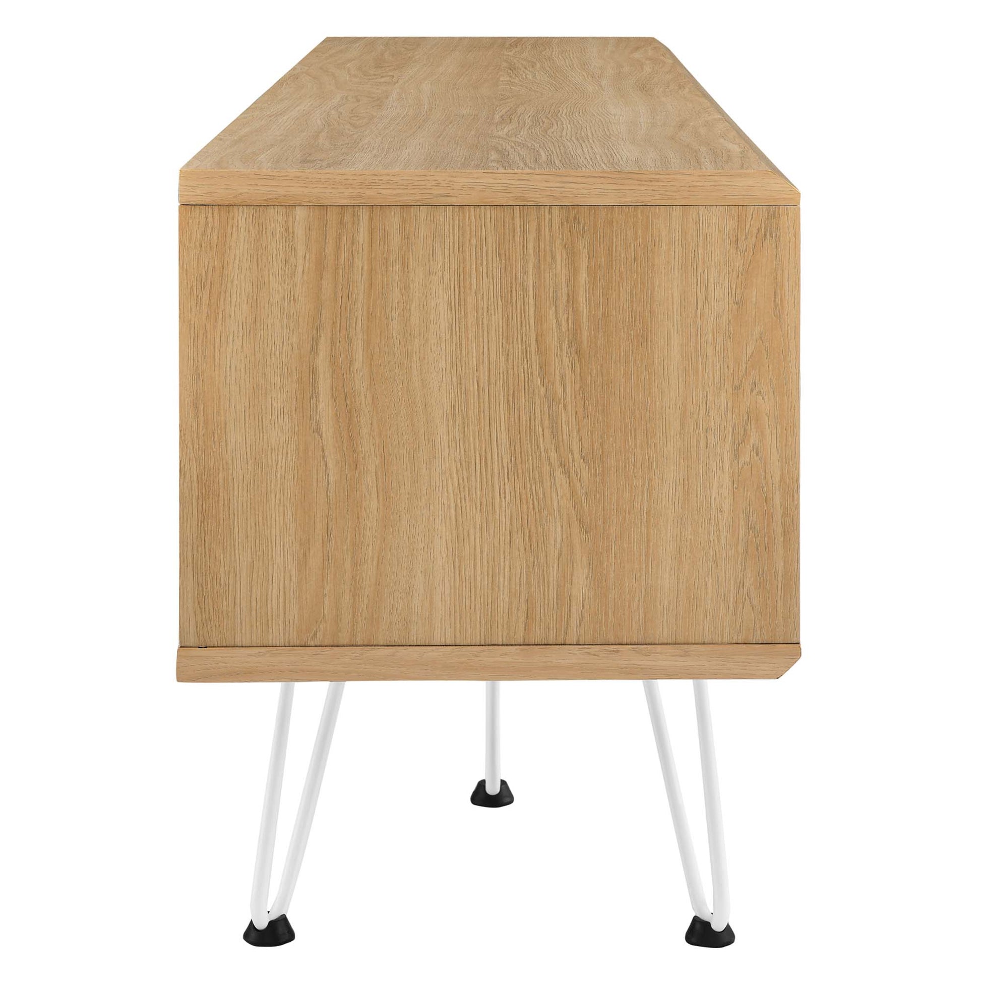 Oak finish TV stand with white hairpin legs and black feet.