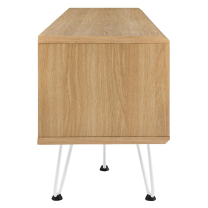 Oak finish TV stand with white hairpin legs and black feet.