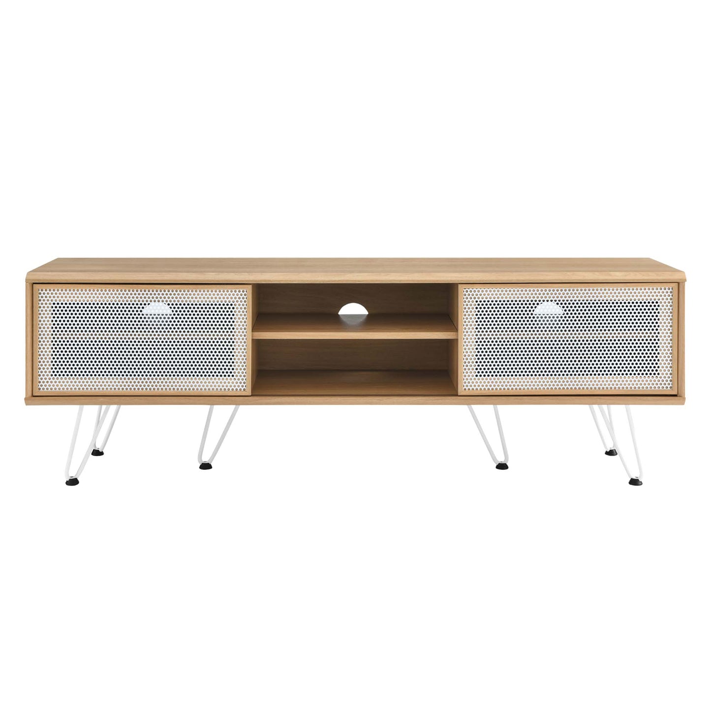 Oak wood media console with white perforated doors, open center shelves, cable hole, and slim hairpin legs.