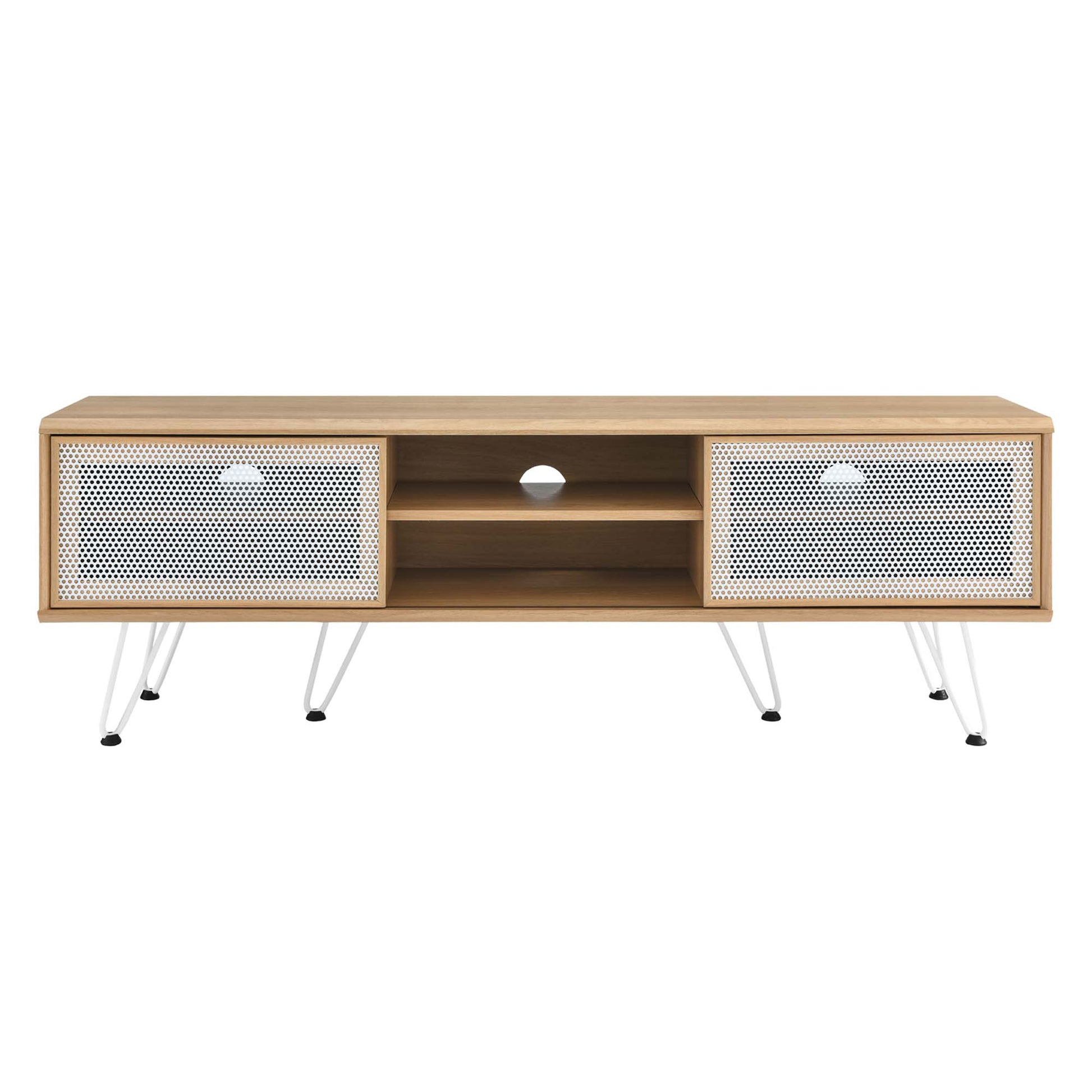 Oak wood media console with white perforated doors, open center shelves, cable hole, and slim hairpin legs.