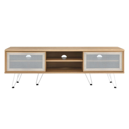 Oak wood media console with white perforated doors, open center shelves, cable hole, and slim hairpin legs.