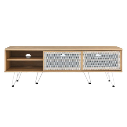 Brown oak TV stand with open left shelf, two perforated panel doors and slim metal legs.