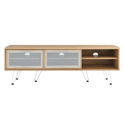 Brown low-profile media console with two white perforated metal cabinet fronts, right-side open shelves, and slender hairpin legs.