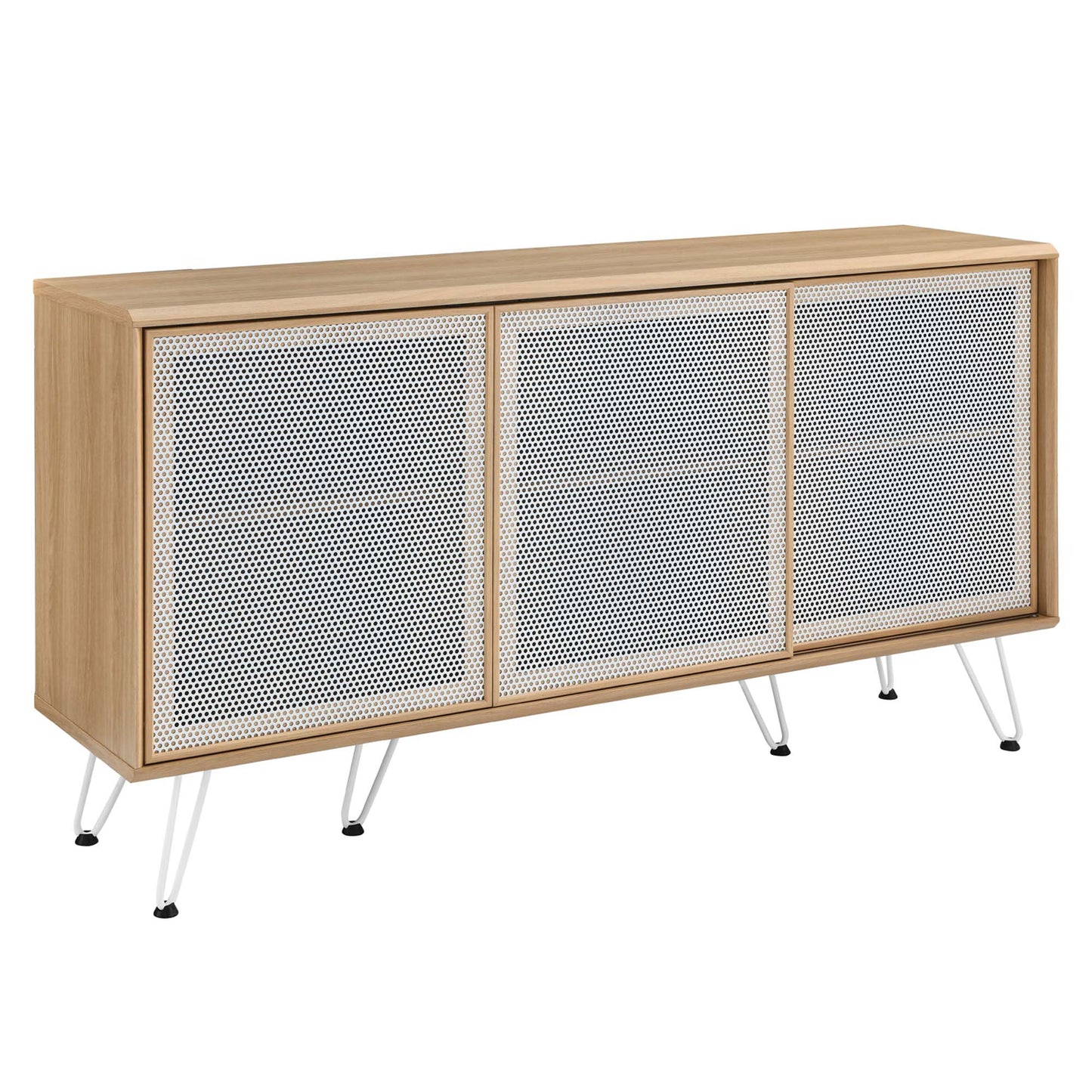 Brown sideboard with three perforated white doors and slim mid-century metal legs.