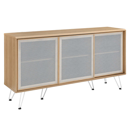 Brown sideboard with three perforated white doors and slim mid-century metal legs.