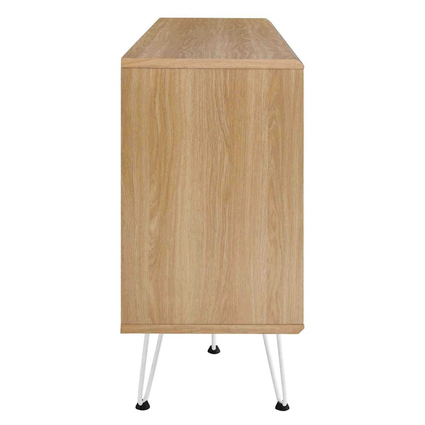 Oak finish wooden cabinet on white metal hairpin legs; tall, narrow storage with single front door.