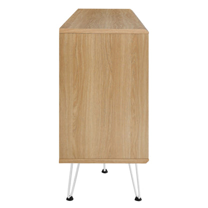 Oak finish wooden cabinet on white metal hairpin legs; tall, narrow storage with single front door.