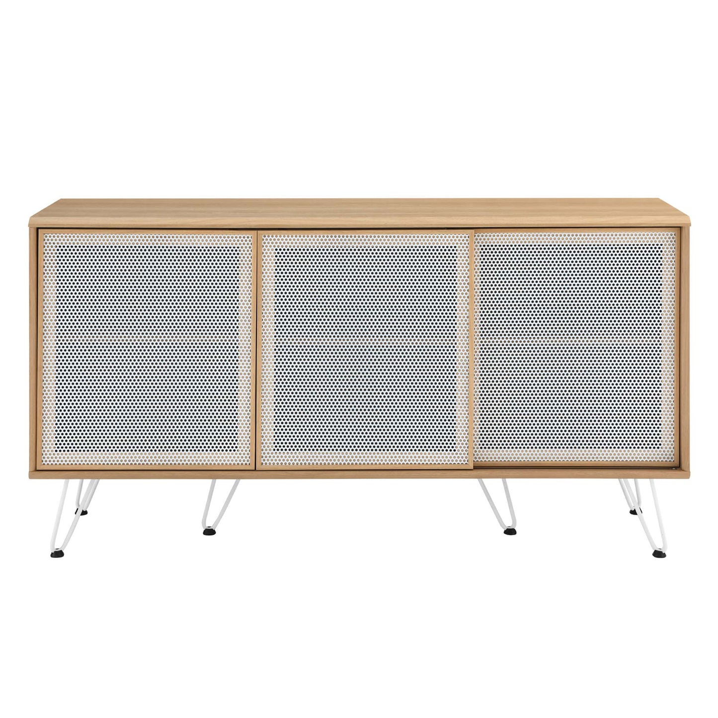 Brown sideboard with three perforated gray metal cabinet doors and slim mid-century metal legs