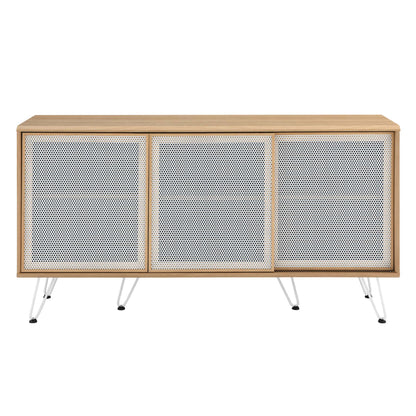 Brown sideboard with three perforated gray metal cabinet doors and slim mid-century metal legs
