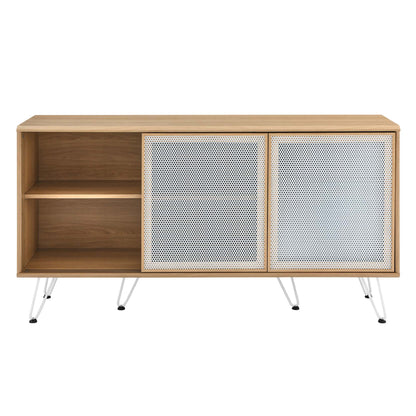 Oak-finish sideboard with open shelves on left and two perforated metal doors, metal hairpin legs, mid-century modern.