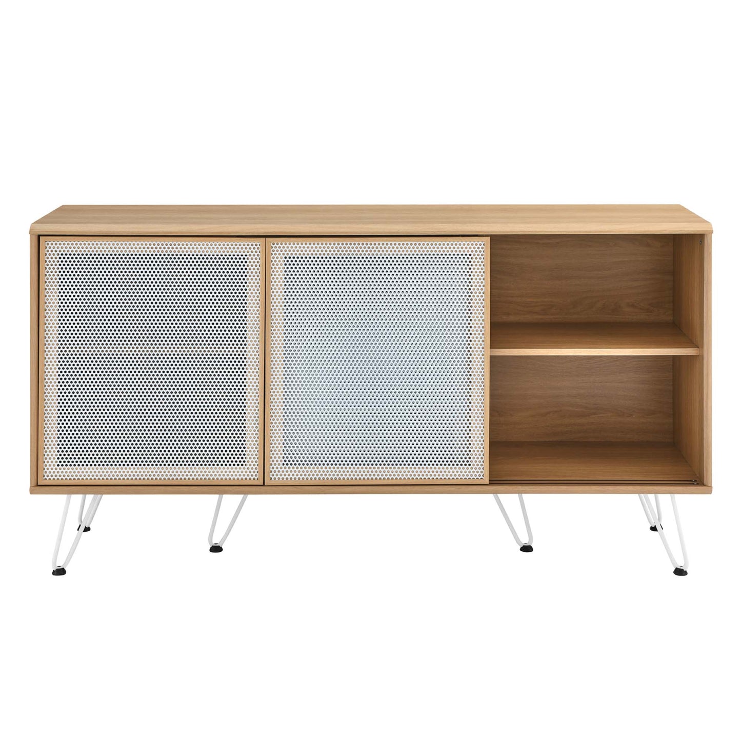 Oak wood sideboard with two sliding perforated white metal doors and a right open shelf on metal legs.