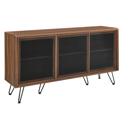 Walnut wood sideboard with three mesh-front doors on black hairpin legs, mid-century style.