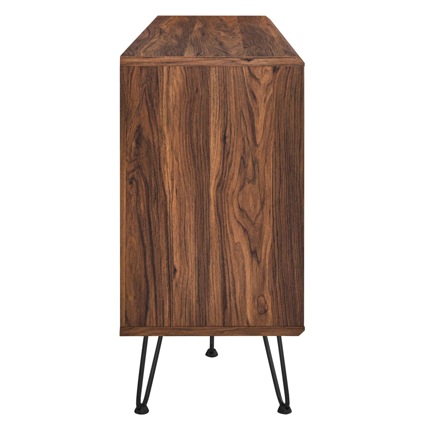 Walnut wood veneer sideboard with a tall rectangular body on black hairpin legs; mid-century modern storage console.