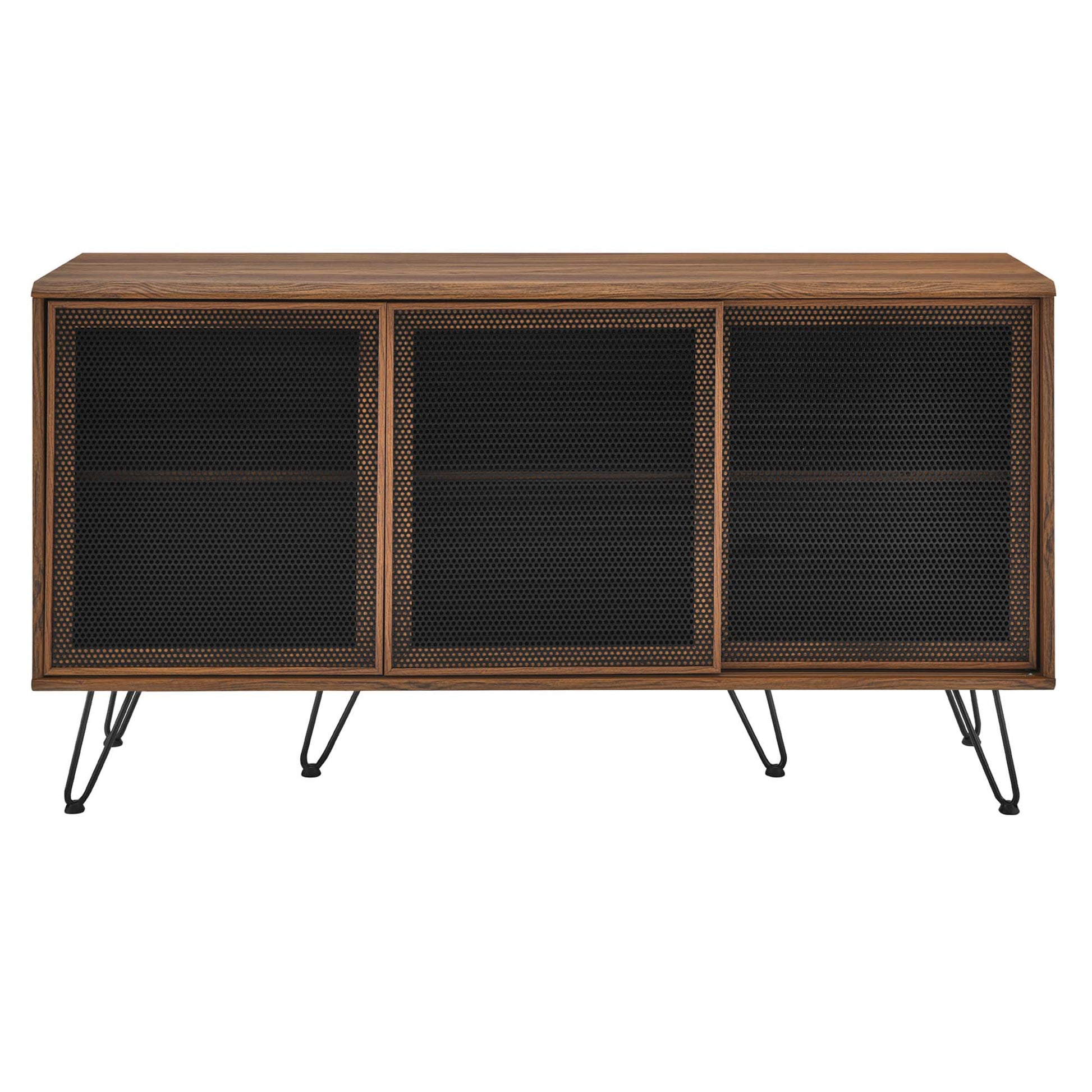 Walnut-finish sideboard with three mesh-front cabinet doors and black metal hairpin legs