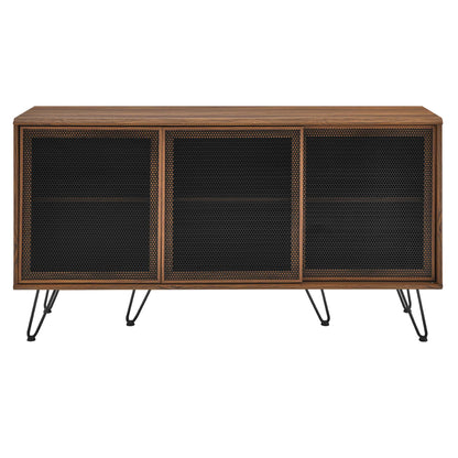 Walnut-finish sideboard with three mesh-front cabinet doors and black metal hairpin legs