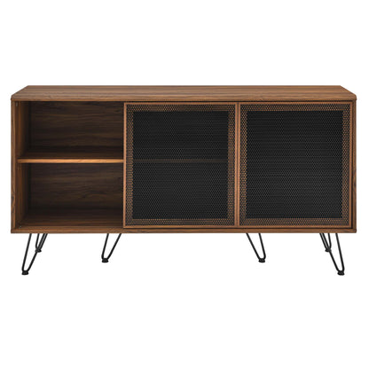 Walnut wood mid-century sideboard with open left shelving and two mesh-panel sliding doors, on hairpin metal legs.
