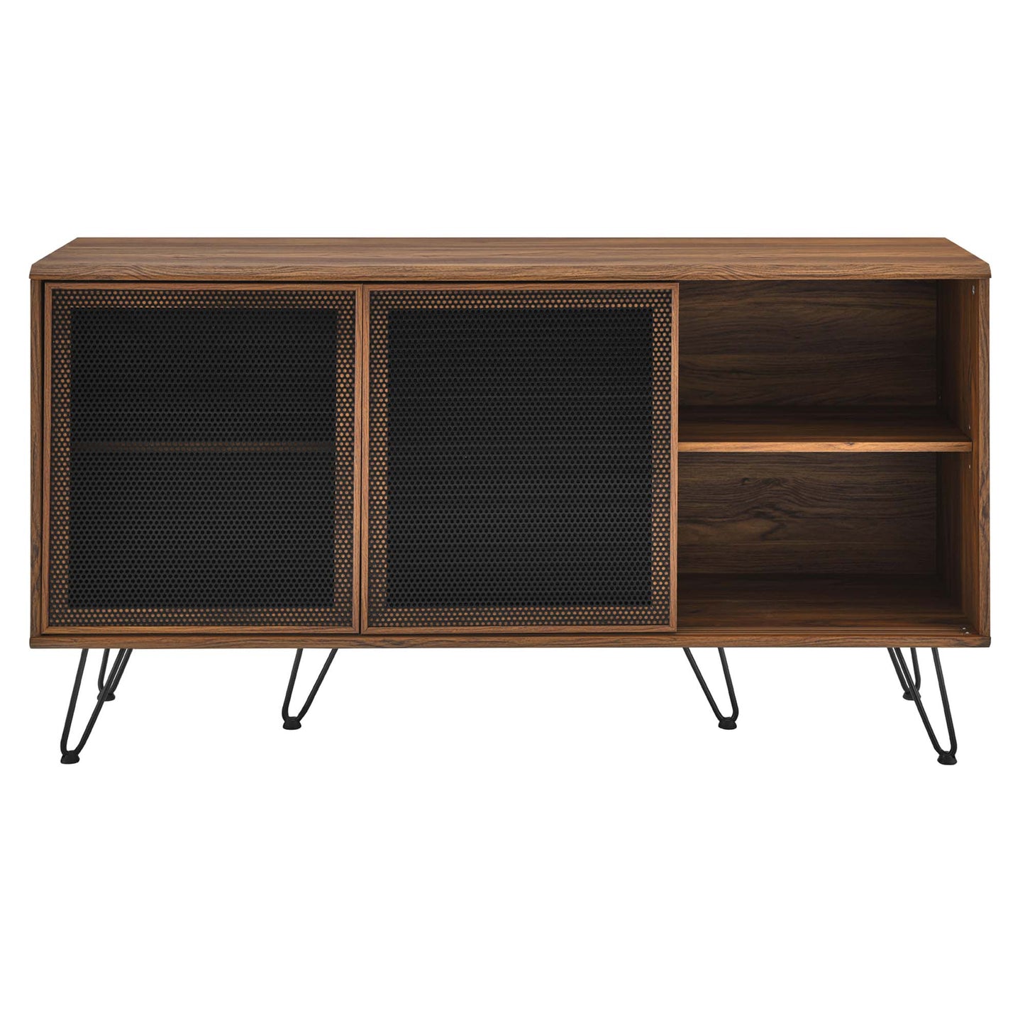 Walnut mid-century modern sideboard with two mesh cabinet doors and open shelves on the right, black hairpin metal legs.
