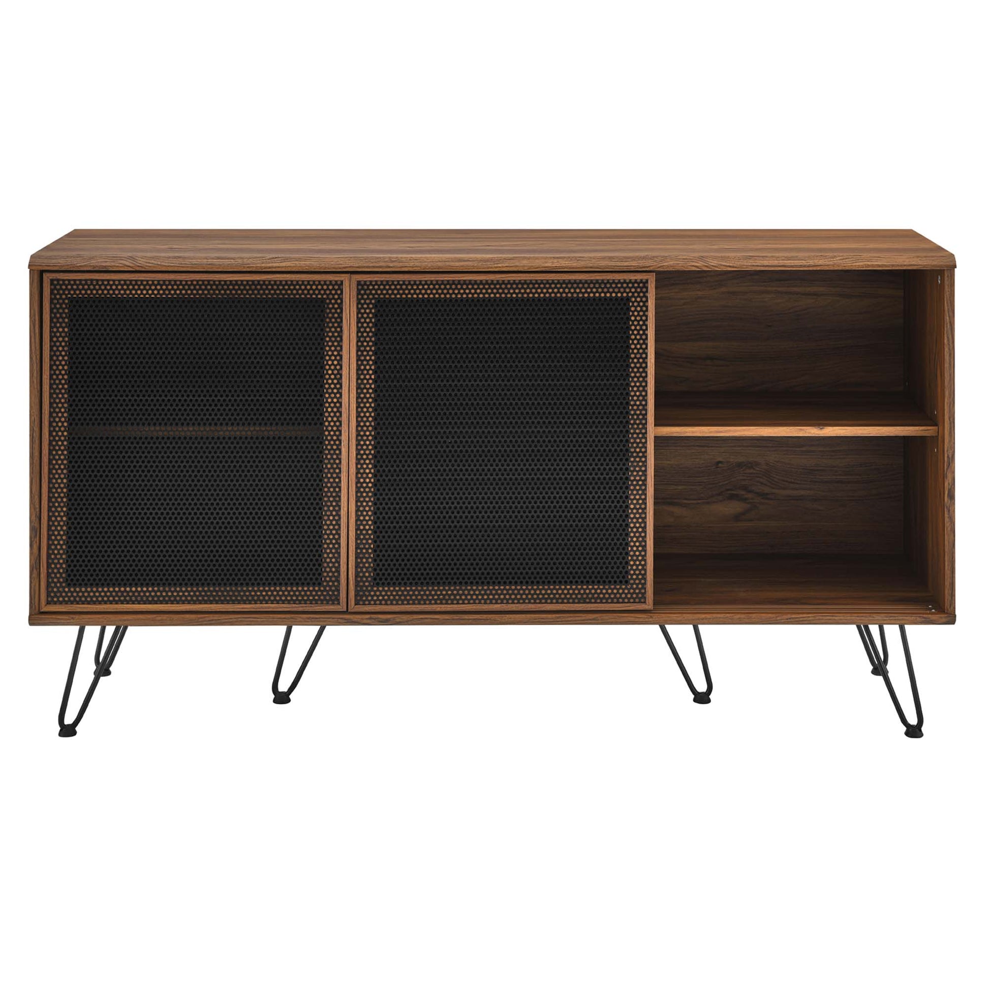 Walnut mid-century modern sideboard with two mesh cabinet doors and open shelves on the right, black hairpin metal legs.