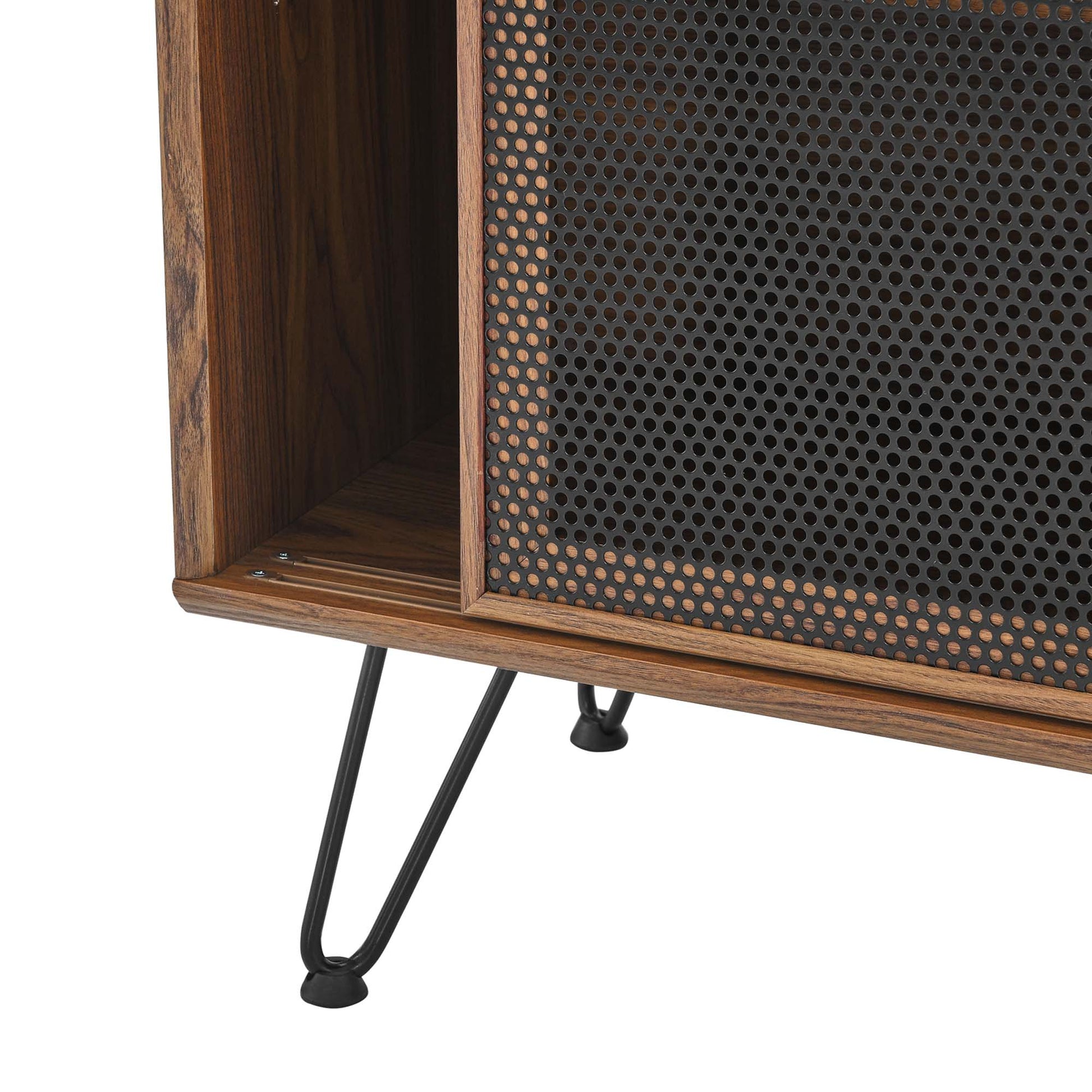 Walnut veneer mid-century sideboard with black perforated metal grille & slender hairpin legs.
