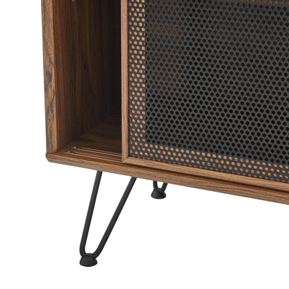 Walnut veneer mid-century sideboard with black perforated metal grille & slender hairpin legs.