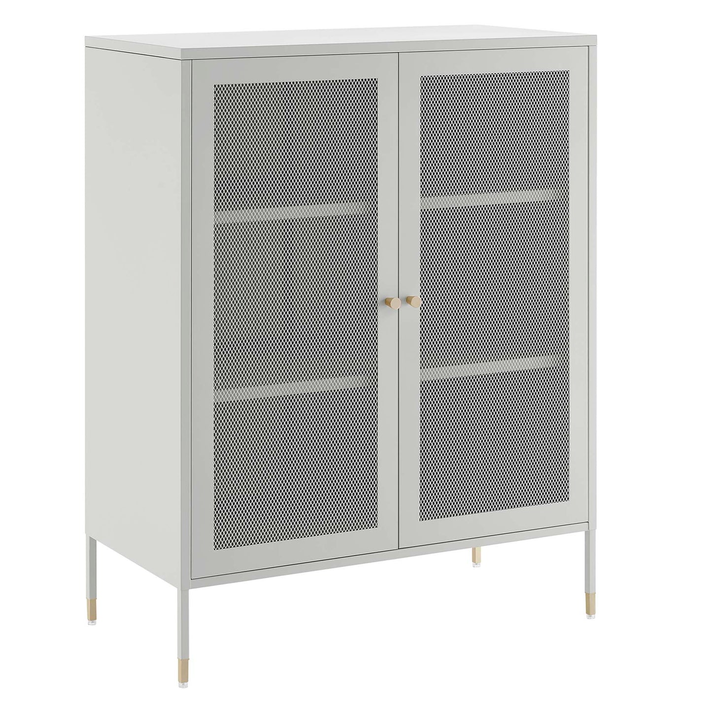 Light gray metal storage cabinet with two mesh doors, interior shelves, and slim legs with gold-tipped feet.