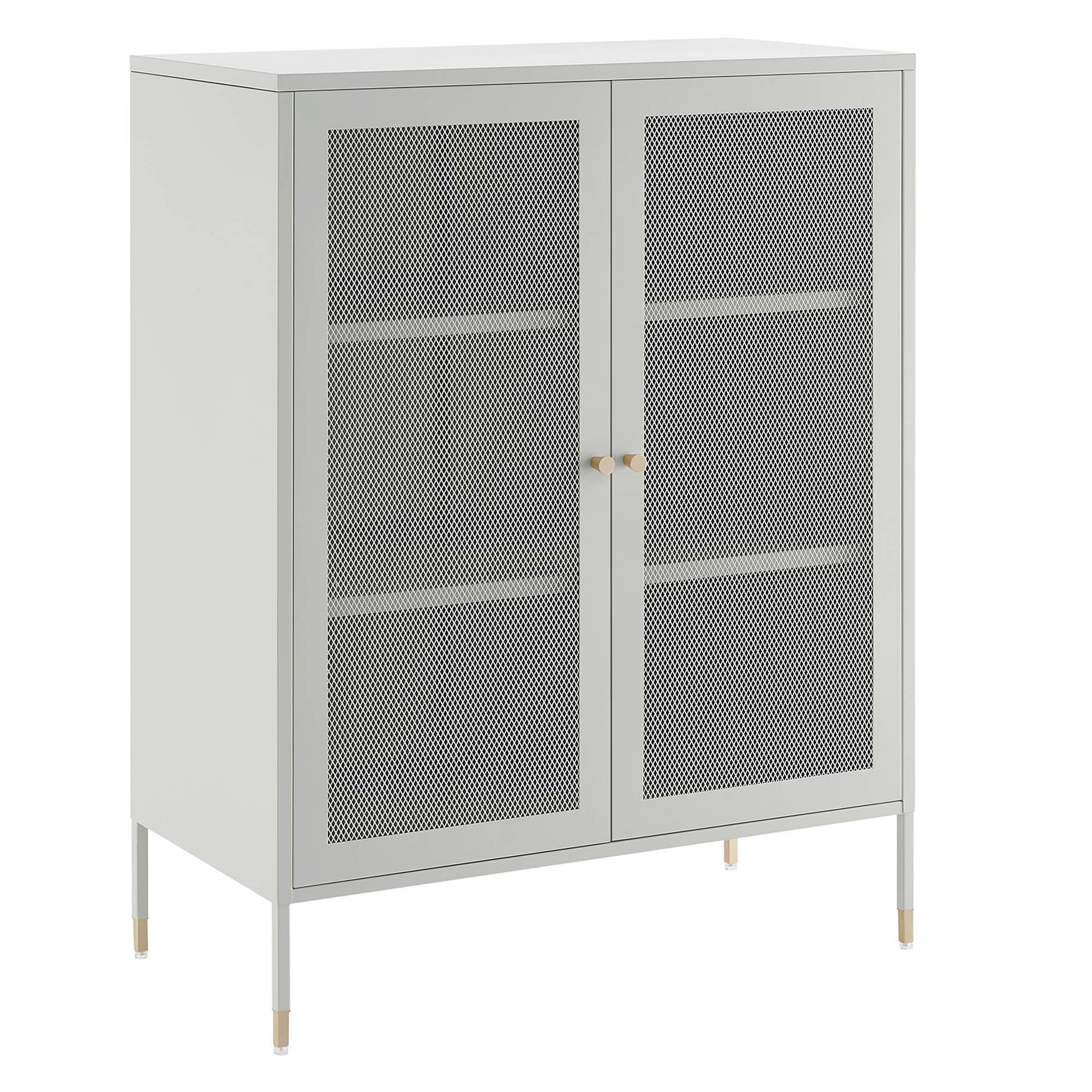 Light gray metal storage cabinet with two mesh doors, interior shelves, and slim legs with gold-tipped feet.