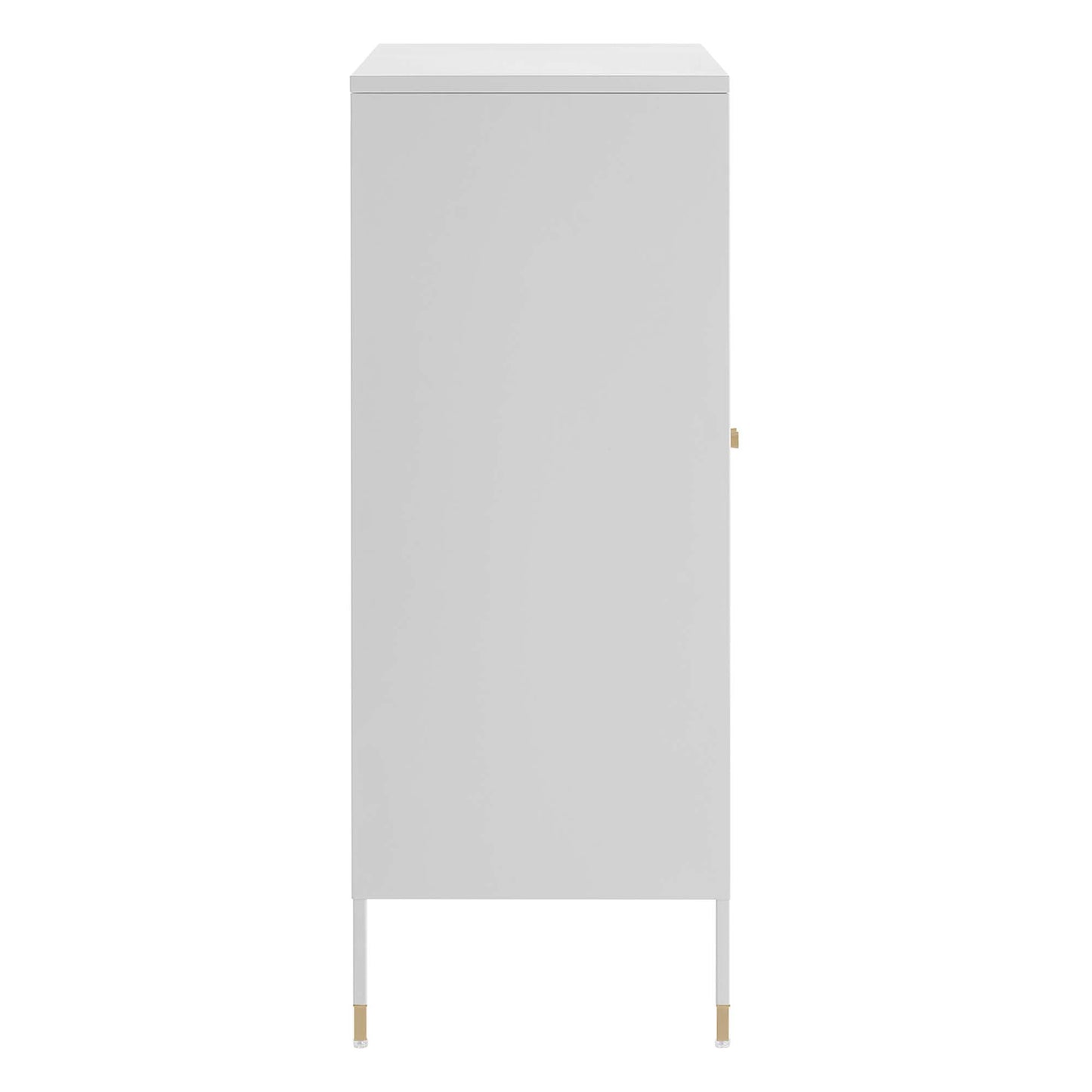 Tall light gray cabinet with single door, slim legs with brass caps, minimalist modern storage.