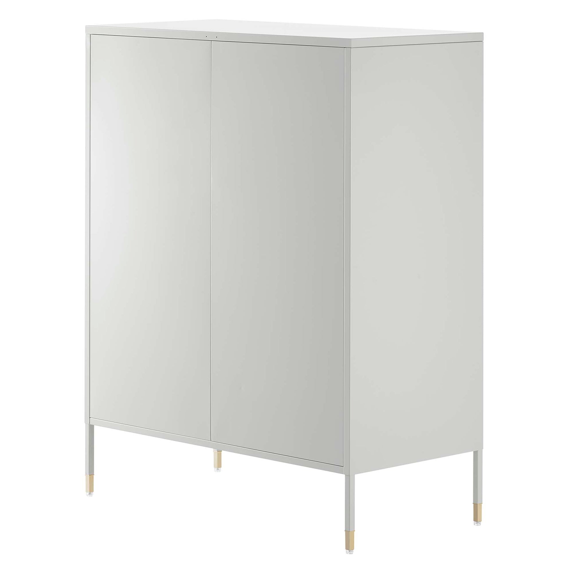 Light gray tall cabinet with two doors, minimalist modern storage on slim metal legs with gold caps.