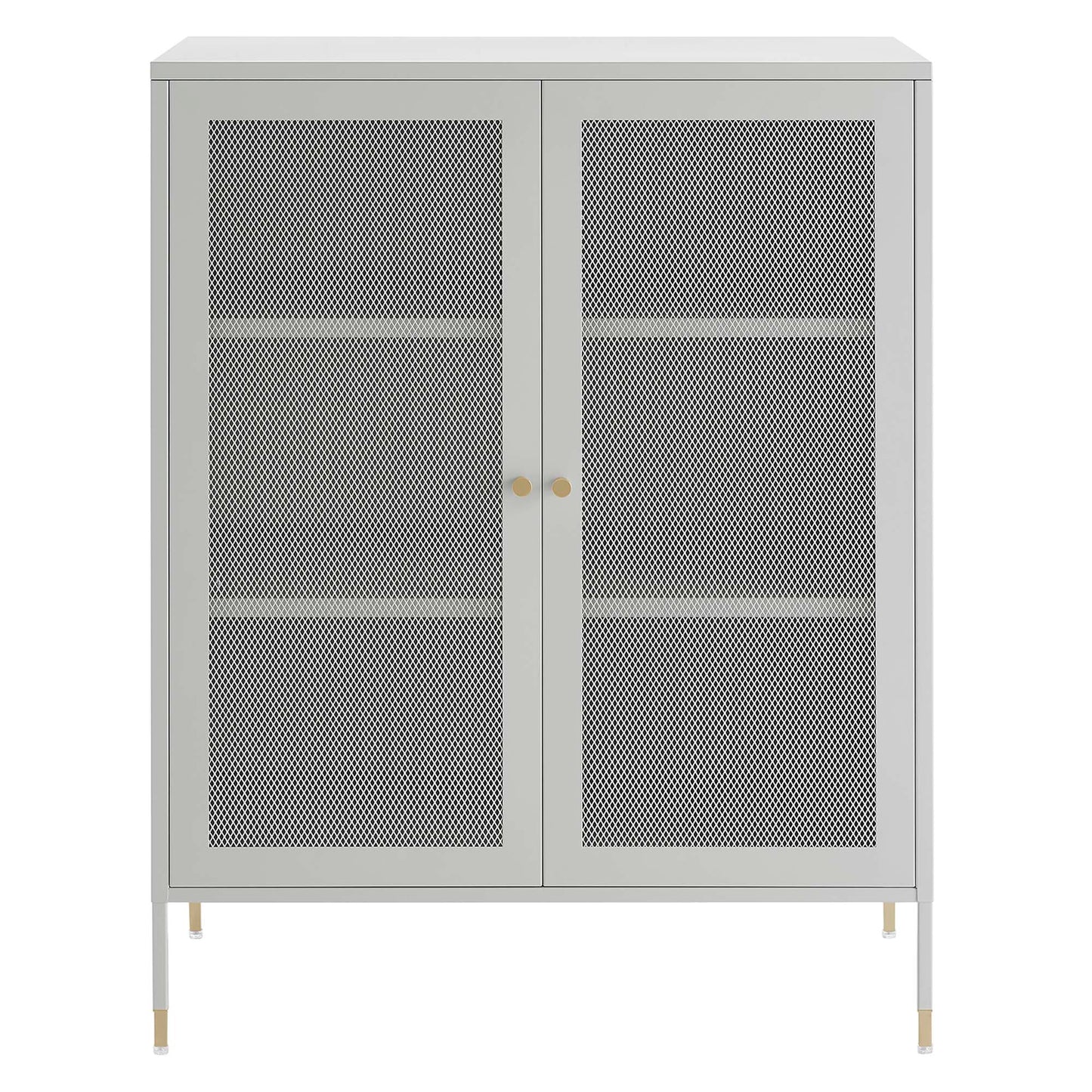 Light gray metal storage cabinet with two mesh doors, gold knobs, and slim legs with brass tips.