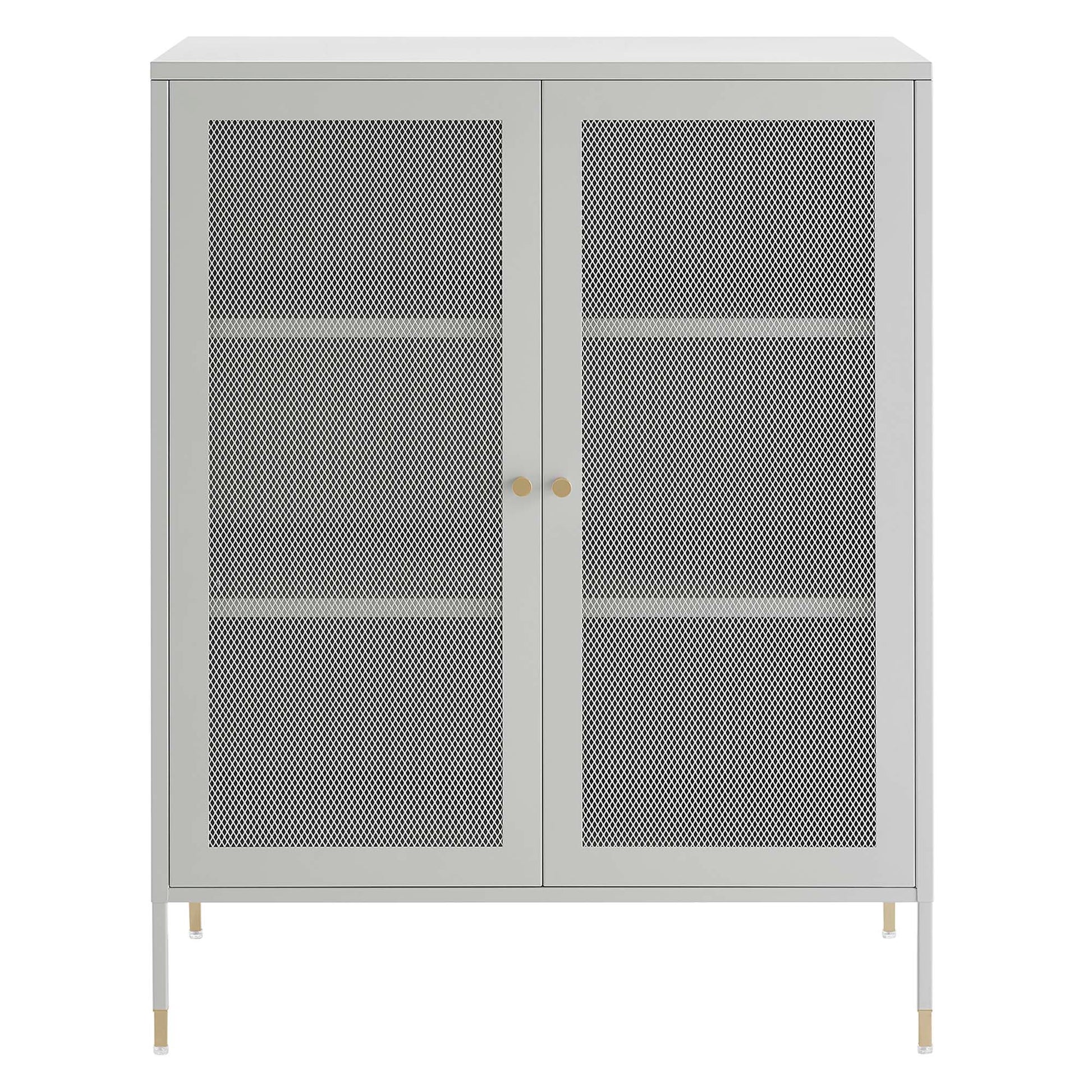 Light gray metal storage cabinet with two mesh doors, gold knobs, and slim legs with brass tips.