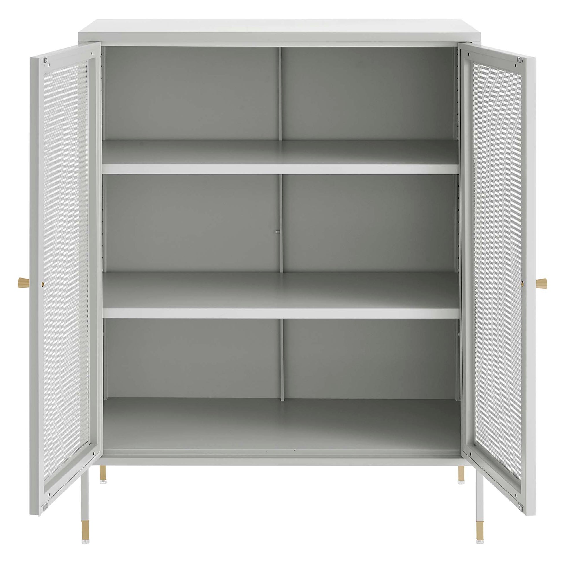 Gray metal cabinet with mesh doors, four fixed shelves, and brass legs for industrial storage.