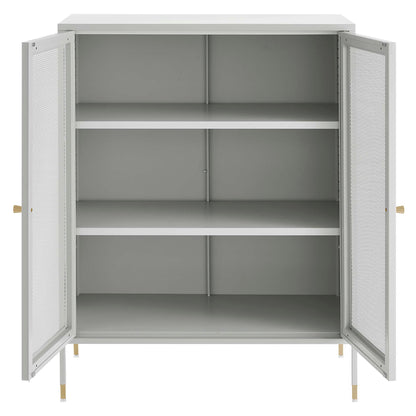 Gray metal cabinet with mesh doors, four fixed shelves, and brass legs for industrial storage.