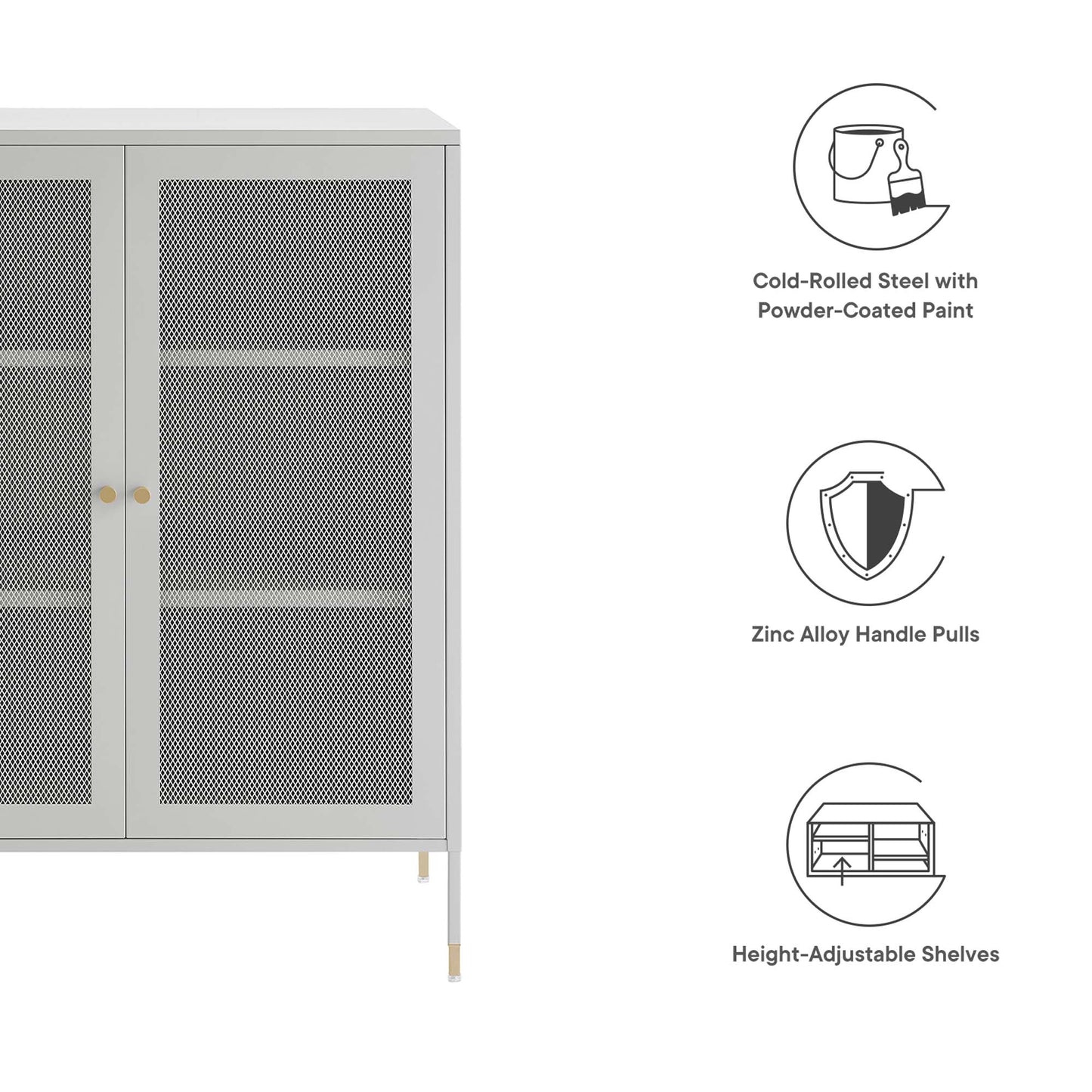 Light gray powder-coated steel accent cabinet with perforated mesh doors, two doors, brass knobs, on short legs.