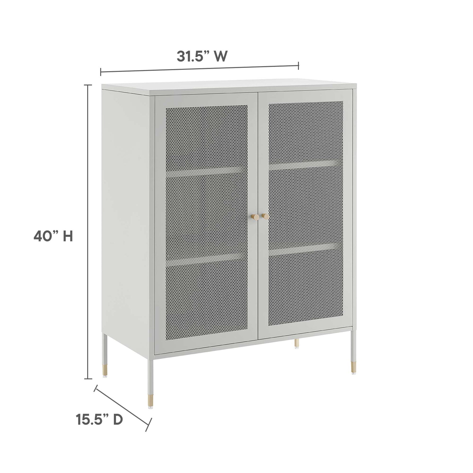 Gray metal cabinet with two mesh doors, interior shelves, gold knobs, slim gold-tipped legs, 31.5W x 40H x 15.5D