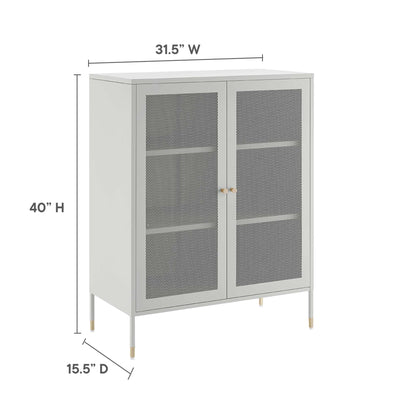 Gray metal cabinet with two mesh doors, interior shelves, gold knobs, slim gold-tipped legs, 31.5W x 40H x 15.5D