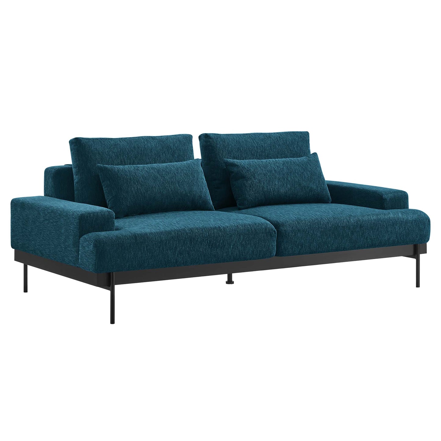 Teal fabric sofa with low square arms, three back cushions, two-seat cushions, and slim black metal legs.