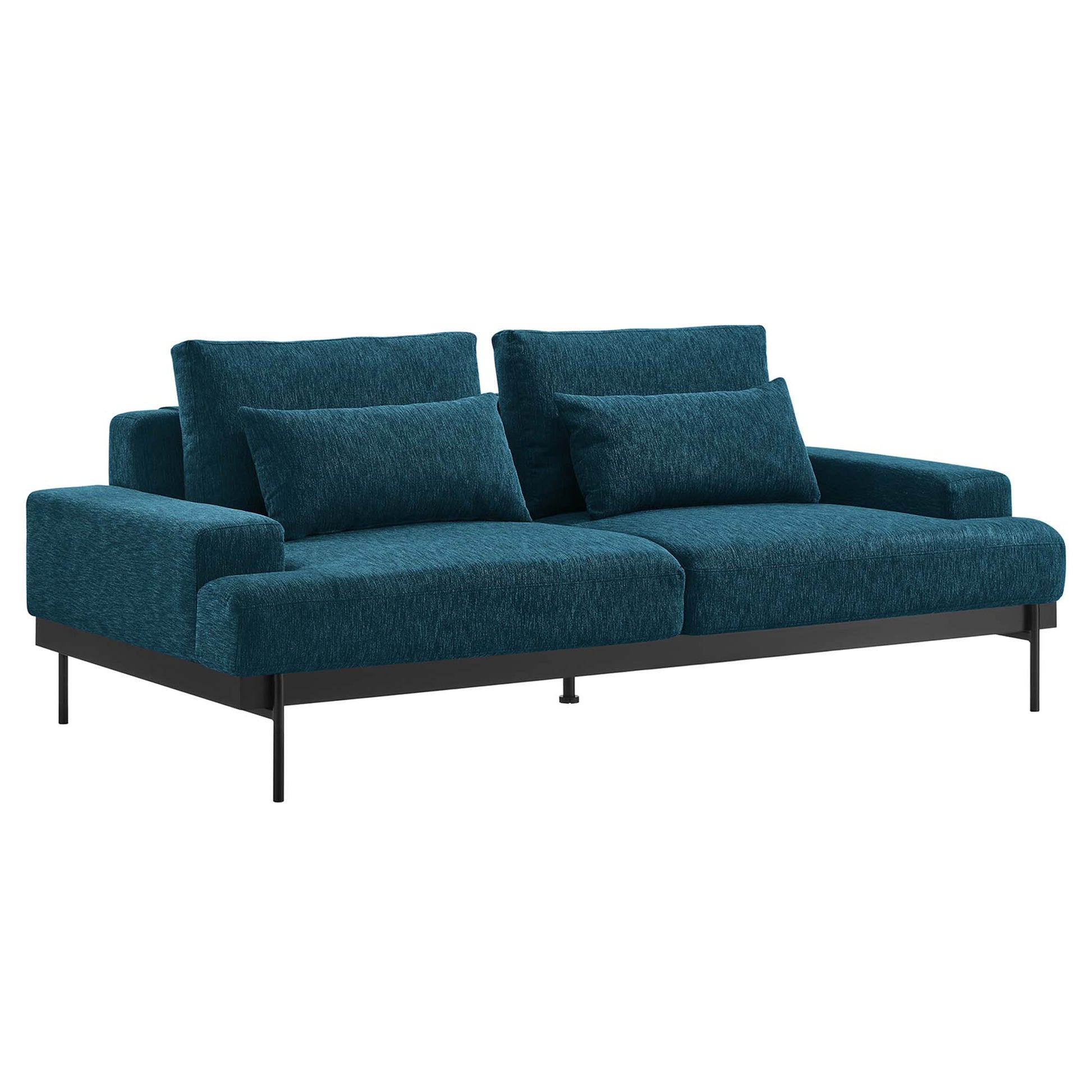 Teal fabric sofa with low square arms, three back cushions, two-seat cushions, and slim black metal legs.
