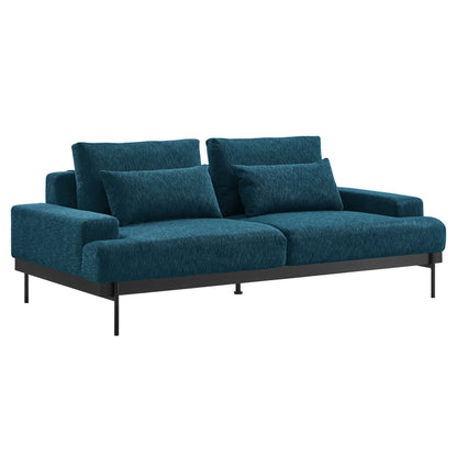 Teal fabric sofa with low square arms, three back cushions, two-seat cushions, and slim black metal legs.