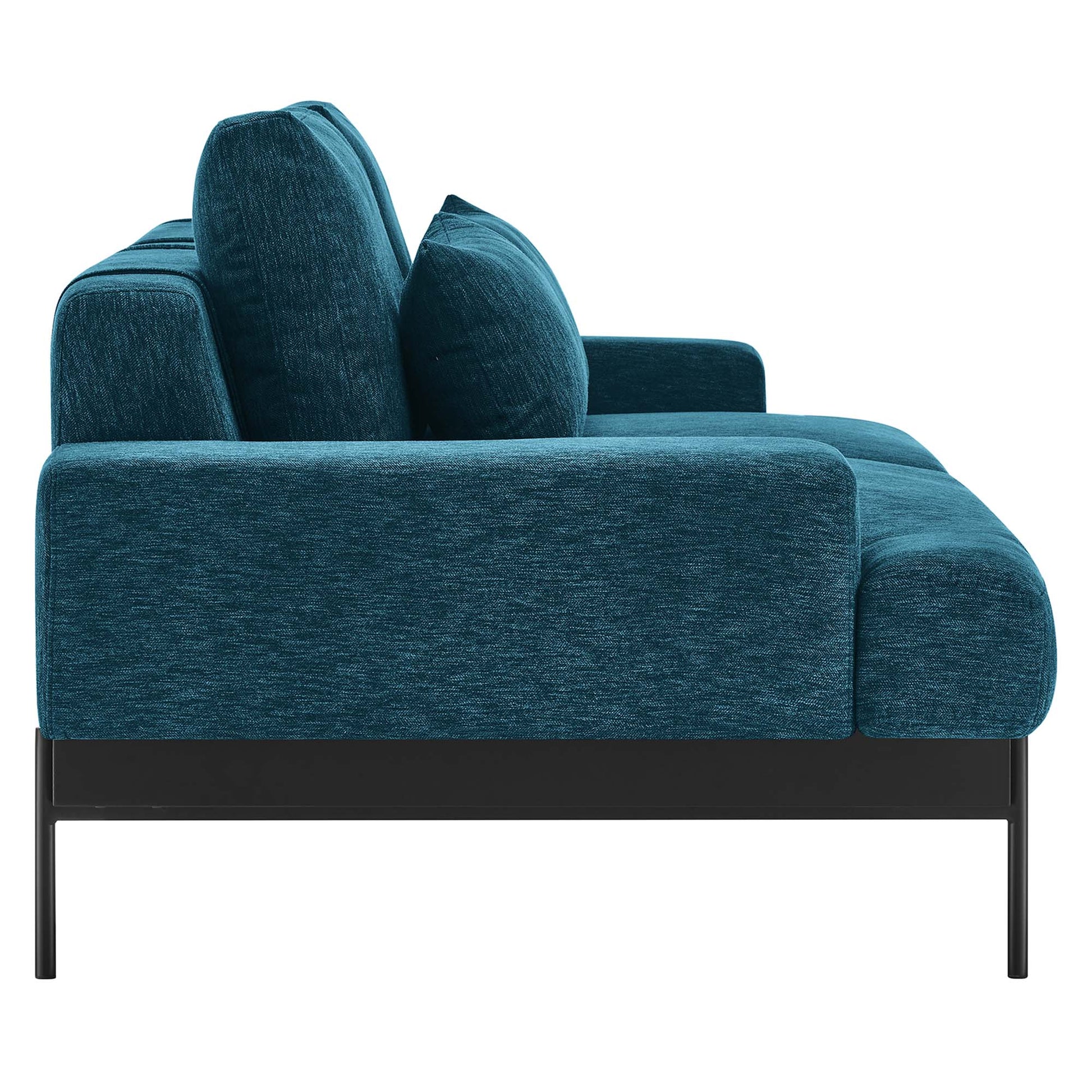 Teal blue fabric modular sofa with a sleek black metal frame & thick cushions; modern living room seating.