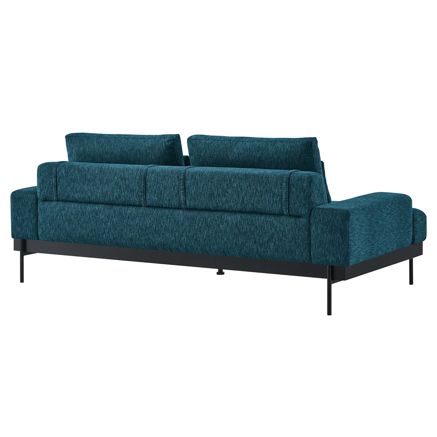 Azure fabric 3-seat sofa with a right-side chaise, slim black metal legs, modern lounge design.