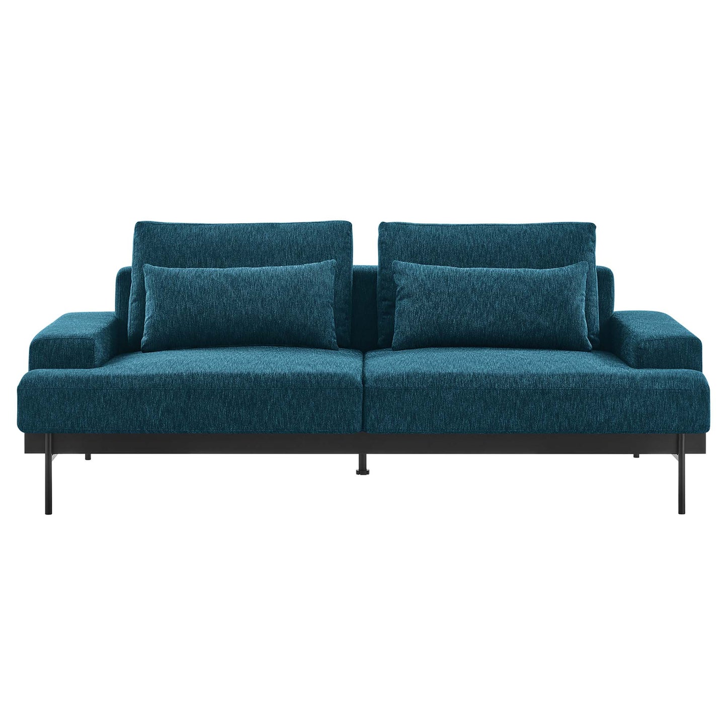 Teal blue fabric sofa with two seat cushions, slim metal legs, low-profile arms, and matching back cushions.