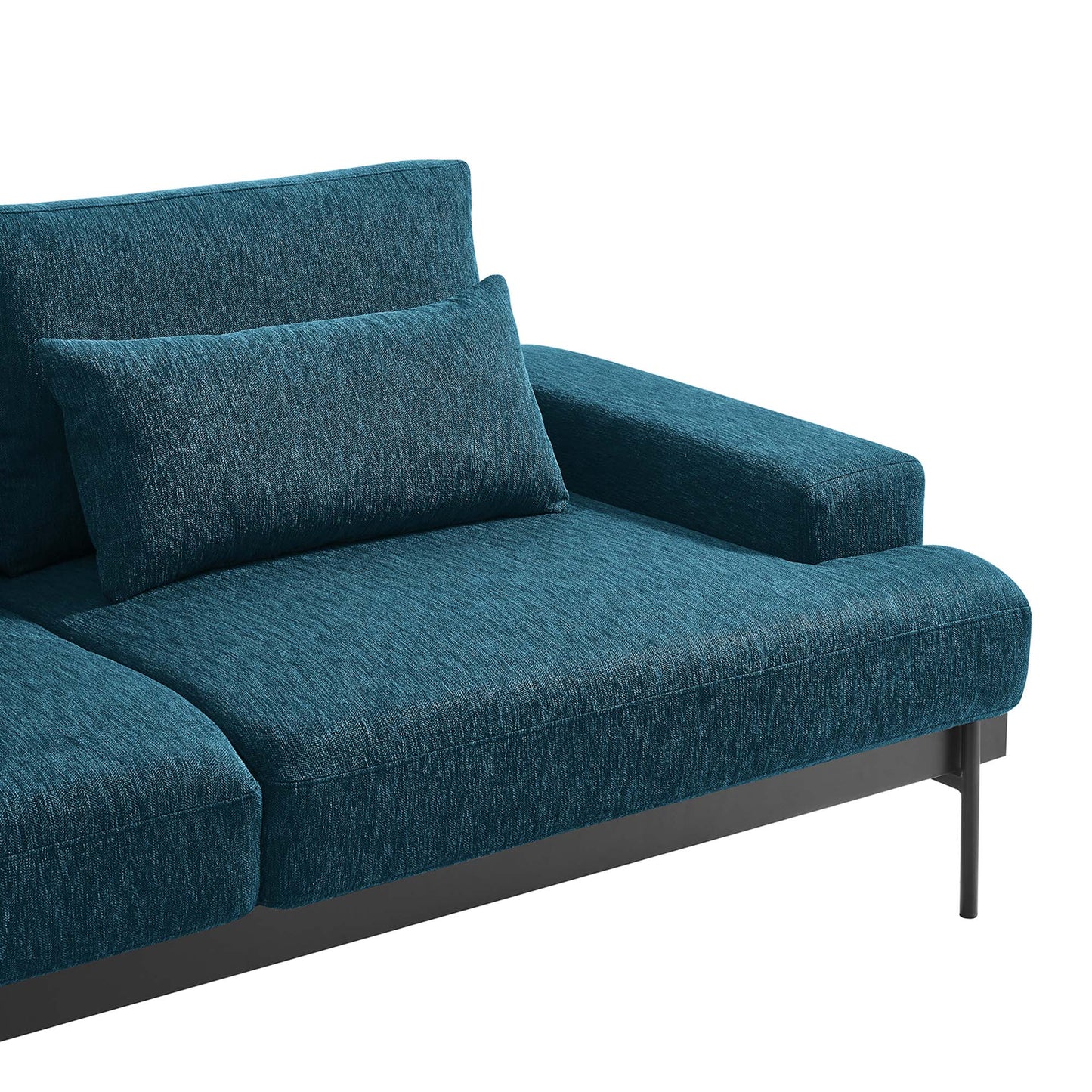 Azure textured fabric sofa with square arms, matching lumbar pillow, and slim black metal legs.