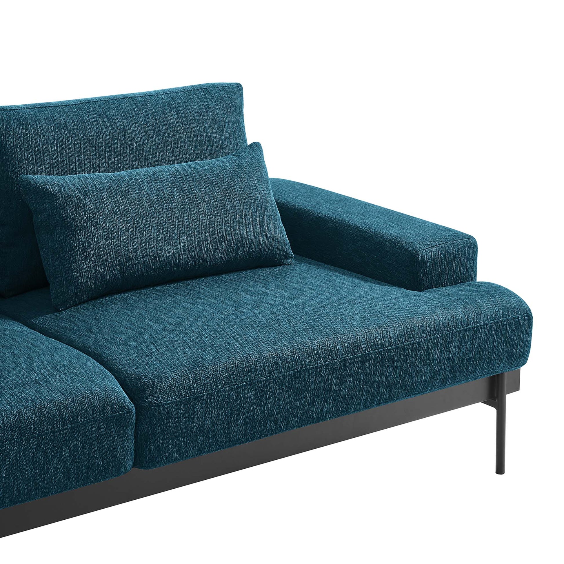 Azure textured fabric sofa with square arms, matching lumbar pillow, and slim black metal legs.