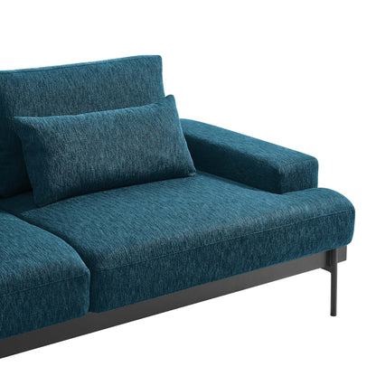 Azure textured fabric sofa with square arms, matching lumbar pillow, and slim black metal legs.