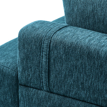 Azure textured fabric sofa with curved armrest and seam detail, modern upholstered seating.