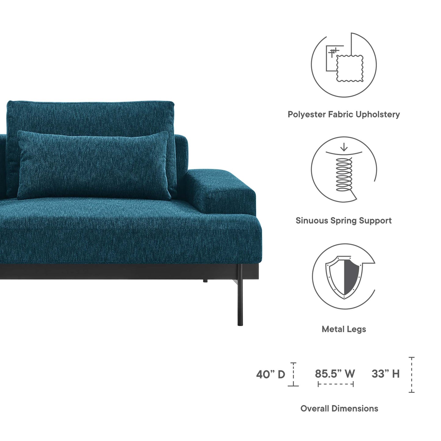Azure fabric upholstered sofa with two back cushions, slim metal legs, modern design; sinuous spring support.