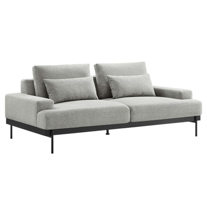 Light gray fabric sofa with slim black metal frame & legs, two back cushions, and two lumbar pillows.