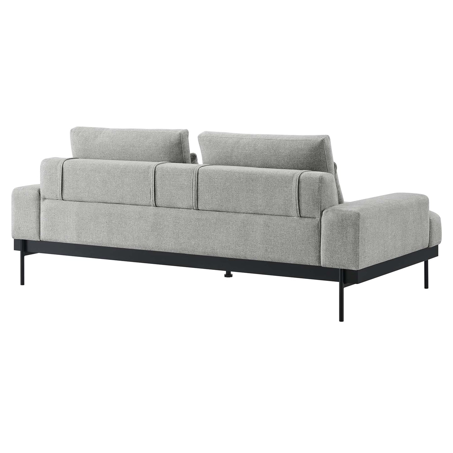 Light gray fabric sofa with black metal frame and slim legs, featuring three cushioned backrests and wide arms.