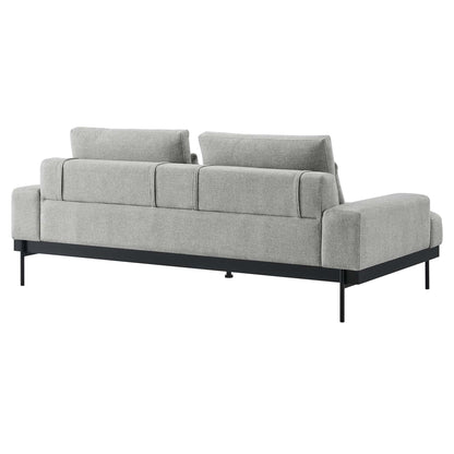 Light gray fabric sofa with black metal frame and slim legs, featuring three cushioned backrests and wide arms.
