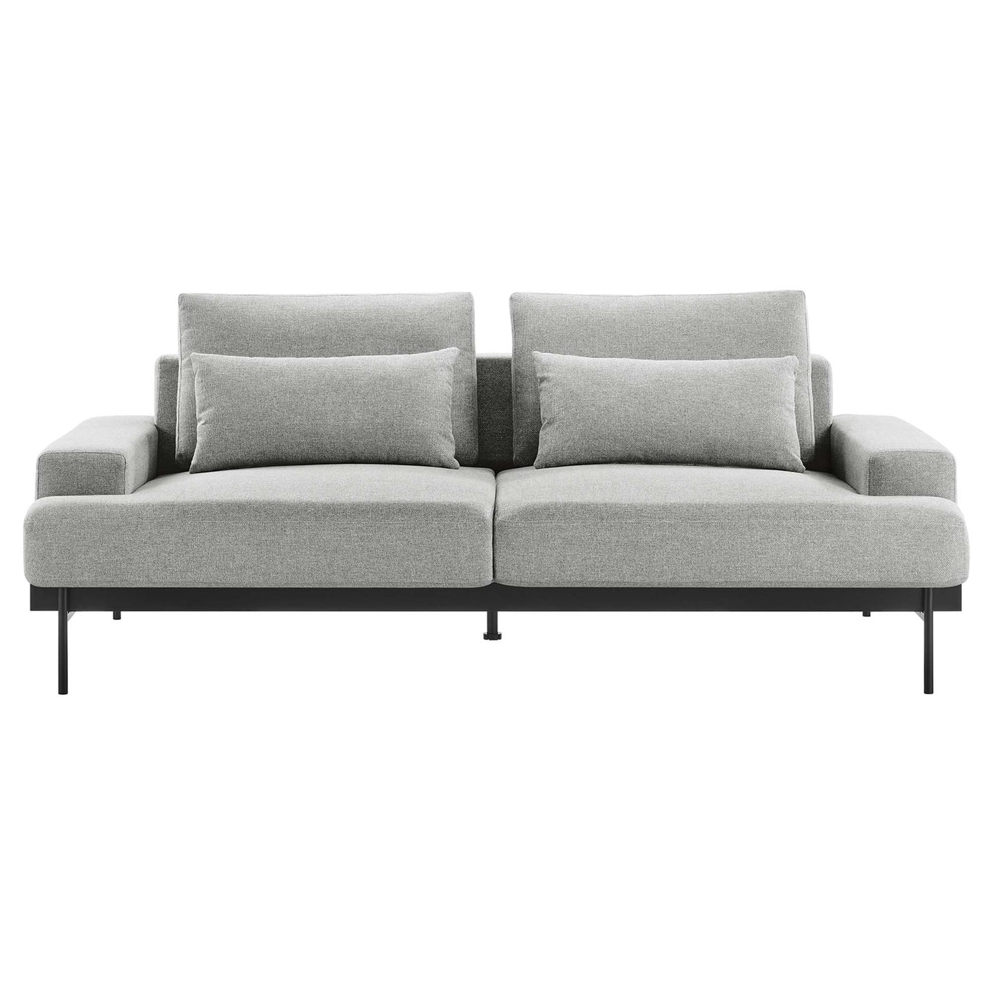 Light gray fabric sofa with slim metal legs, two-seat cushions, two back cushions and two rectangular throw pillows.